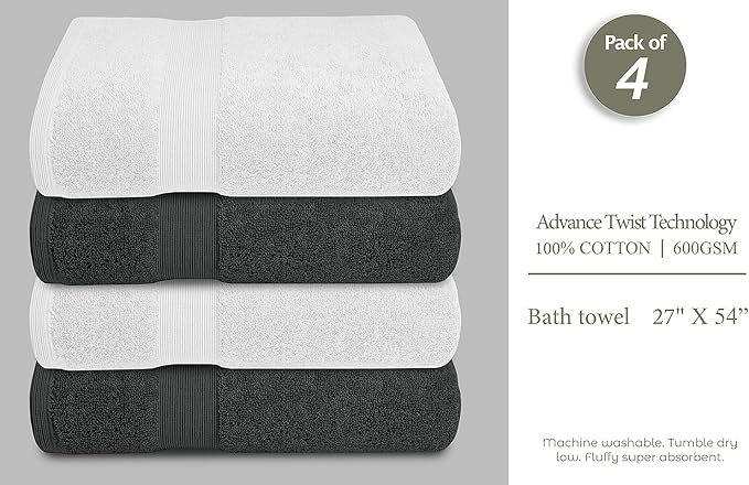 Softolle Luxury Bath Towels Set of 4 (27” x 54”) | Towels for Bathroom | Super Soft | Highly Absorbent Towels for Home, Spa, Gym (Grey-White)