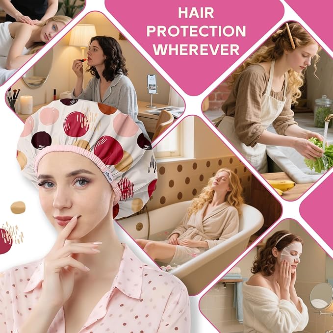 Years calm Waterproof Shower Cap for Women - Double-Layer Reusable Bath Cap with Elastic Band for Long/Short/Curly/Braids Hair, Washable & Travel-Friendly, Fit for Shower, Spa (Beige Shower Cap)