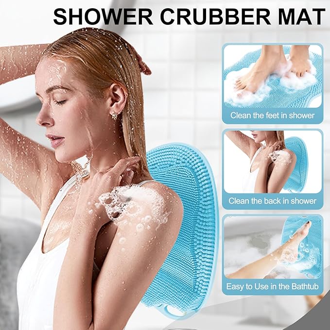 Bath Shower Foot Scrubber Mat - Silicone Shower Foot Scrubber Mat (XL) Cleaner Foot Toes Clean Pad Without Bending Non-Slip Suction Cups Bathroom mat 17.2 * 13 inch - Light Blue