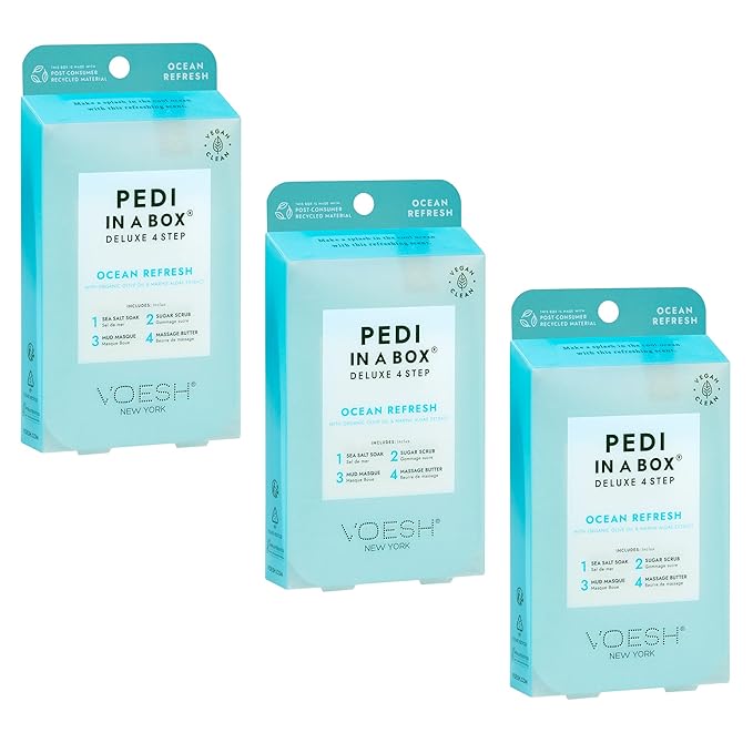 VOESH Pedi in a Box 4 Step Ocean Refresh - 3 Pack, At-Home Pedicure Treatment, Spa Pedicure, Foot Spa, Foot Soak, Foot Scrub, DIY Pedi, Pedicure Set
