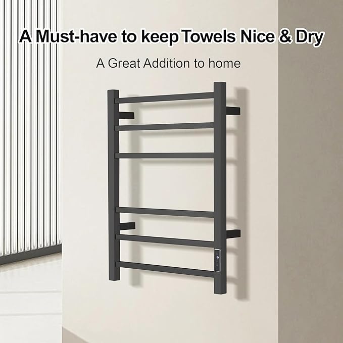 Electric Heated Towel Warmer - Wall Mounted Bathroom Towel Rack, Plug-in Design & Brushed Stainless Steel Finish Black Timer & Temperature Control, 6 Bar