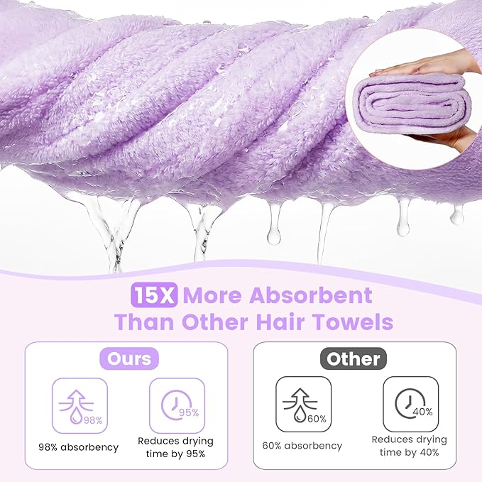Microfiber Hair Towel Wrap for Women, 2 Pack Large Fast Drying Hair Towel, Ultra Soft Thick Absorbent Anti-Frizz Towel for Curly Long Wet Hair, Durable Double Stitched Edges(Purple /Lavender)