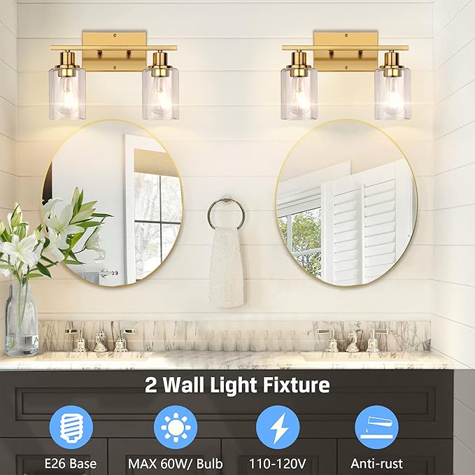 ShineTech 2-Light Gold Bathroom Vanity Fixtures, Modern Wall Lighting with Clear Glass, Brushed Brass Wall Sconce Light for Mirror, Living Room