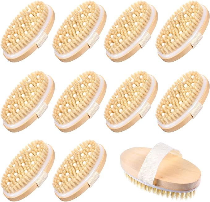 Sibba 10 Pack Dry Brushing Body Brush, Natural Bristle Exfoliating Brush with Massage Nodule Dry Skin Body Scrubber for Shower Blood Circulation Dead Skin Exfoliator Deep Exfoliation