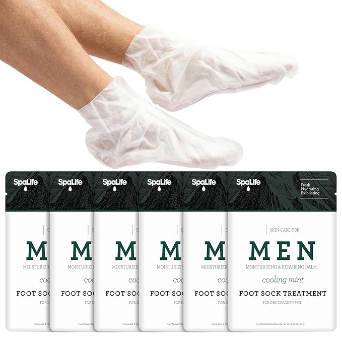 Spa Life Men's Cooling Mint Foot Repair Balm and Moisturizing Socks Set - Revitalizing Hydrating Foot Mask for Soothing Tired, Achy Feet and Softening Dry, Cracked Skin One Size Fits Most- 6 Pairs