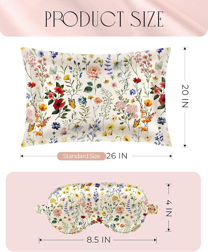 Miss Adola 1Pack Mulberry Silk Pillow Case for Hair and Skin Standard 26"x20" Silk Pillowcase with Eye Mask & Scrunchie Soft Silk Pillowcase Sleeping for Women, Wife, Female - Flower Floral
