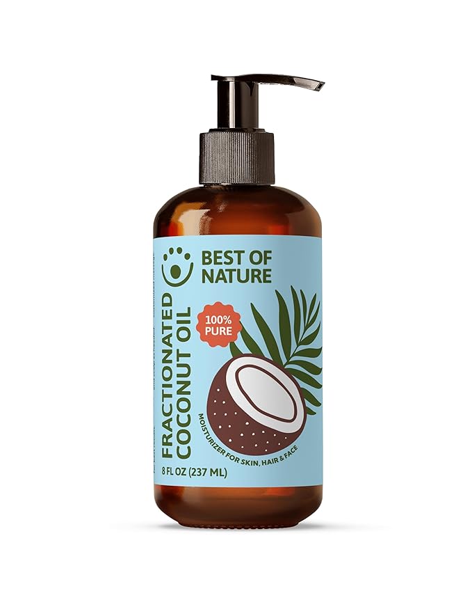 Best of Nature Fractionated Coconut Oil for Face, Hair & Massage – 100% Pure Liquid Coconut Oil for Skin, Unscented Carrier Oil for Essential Oils, Lightweight Body Oil, 8 fl oz Pump Bottle