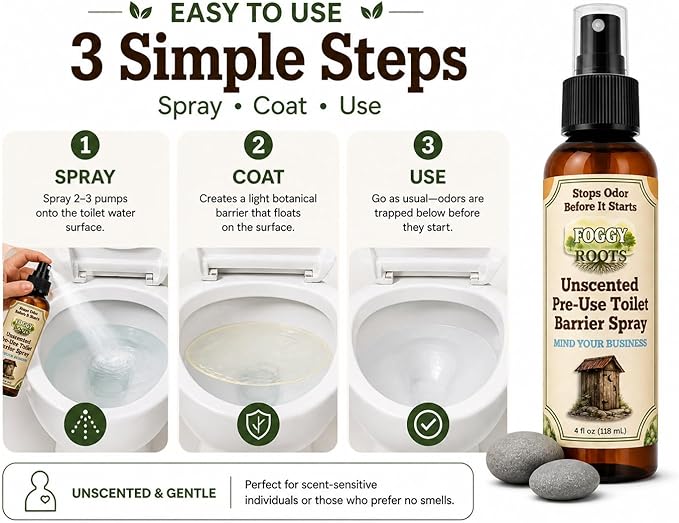 Unscented Pre-Poop Toilet Spray – Stops Odor Before It Starts, Bathroom Odor Eliminator for Toilet, 4 oz (200+ Uses) Travel, Home & Work