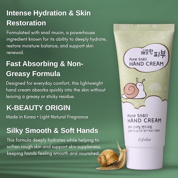 esfolio Pure Skin Snail Hand Cream – Deep Moisturizing & Restoring Hand Lotion with Snail Mucin, Hydrating & Nourishing for Dry Skin – Non-Greasy, Fast Absorbing (3.38 OZ/100ML)