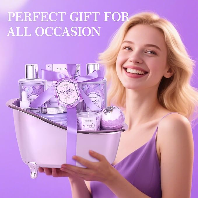 Spa Gift Basket for Women, Luxury Home Spa Kit, 8pcs Lavender Bath Gift Set, Gift Baskets for Women Unique with Bath Bombs, Sea Salt, Scented Lotions Birthday, Mother Day, Bridal Shower gifts