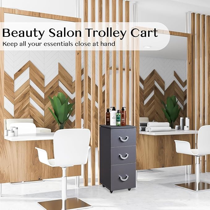 OmySalon Salon Cart with Wheels, 3-Tier Rolling Hair Styling Station w/Heat-Resistant Holder, Lockable Casters & 3 Drawers, Mobile Beauty Storage Organizer for Salon, Barber, Spa, Tattoo, Black