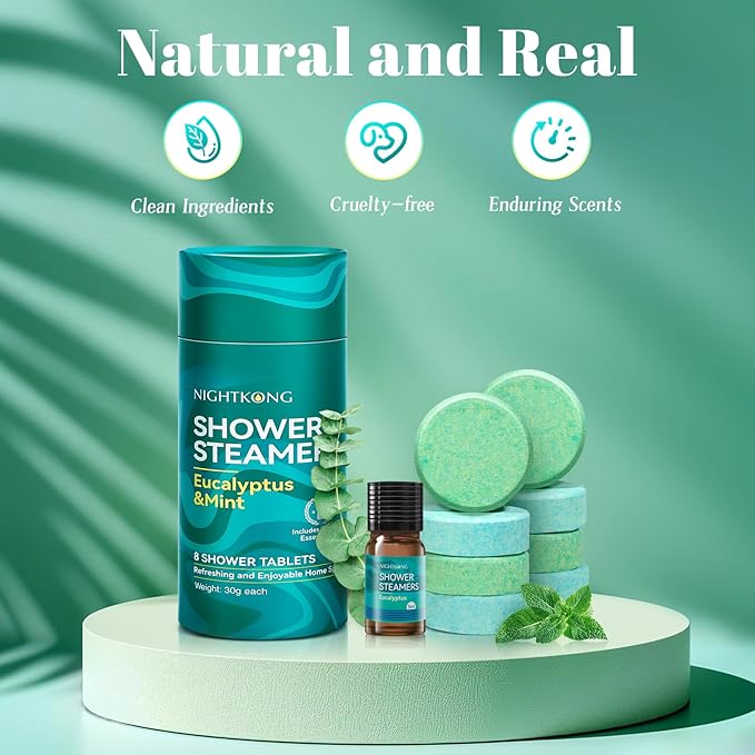 Shower Steamers Aromatherapy 8 Packs with 5ml Essential Oil, Eucalyptus for Shower, Birthday Gifts for Women Men, Mothers Day Gifts, Eucalyptus & Mint for Nasal Congestion, Stress Relief