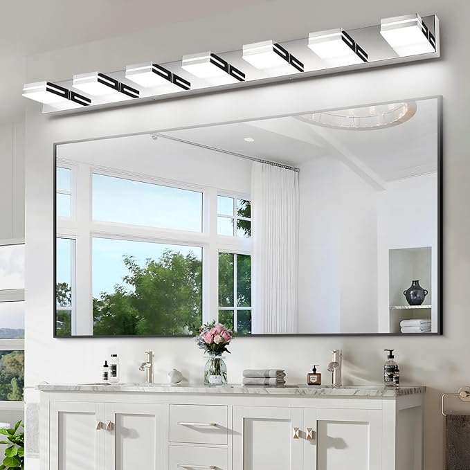 SineRise LED Modern Bathroom Vanity Light Fixtures (7-Light, 55-Inch, Dimmable), Chrome Modern Acrylic Bathroom Wall Lighting Fixtures Over Mirror (Cool White 6000K)
