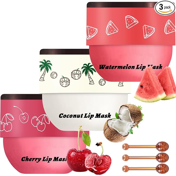 3 PCS Bee Lip Balm Lip Mask Honey Pot, Watermelon & Cherry & Coconut Lip Mask Propolis Moisturizing Lip, Hydrating Prevention Dry and Cracked Lip Scrubs Exfoliator (Watermelon & Cherry & Coconut)