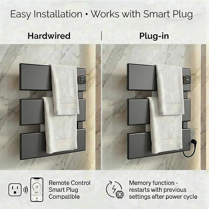 Electric Towel Warmer, Heated Towel Rack with Thermo Control and Timer, Fast Heating Towel Rail for Bathroom with Memroy Function, Work with Smart Plug, Right-Wiring, 3 Panel, Gun Gray