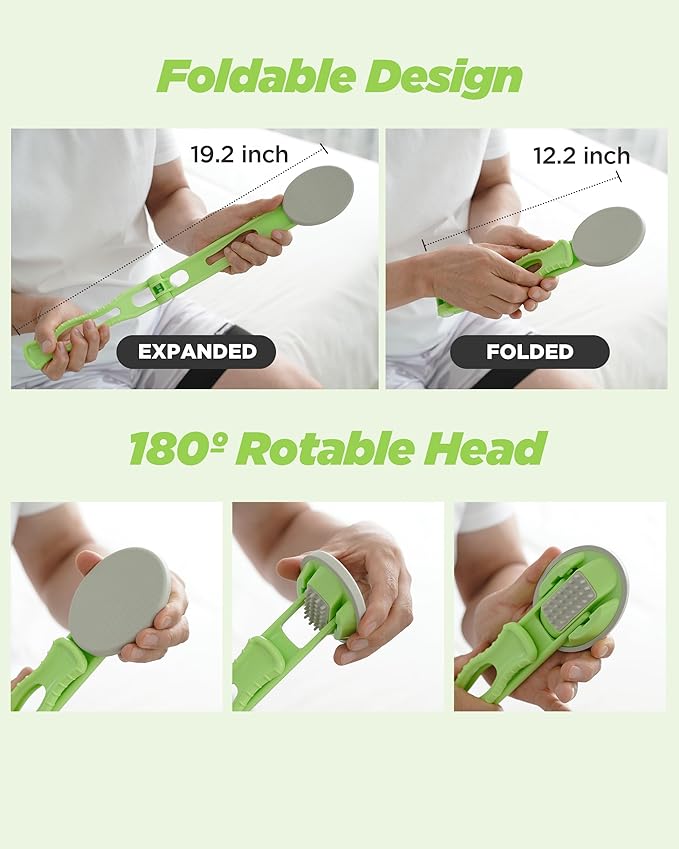 DOWMI Silicone Body Scrubber - 19" Foldable Long Curved Handle for Ultimate Reach and Comfort - Back Shower Scrub Brush - Hygienic and Durable Soft Silicone for Sensitive Skin