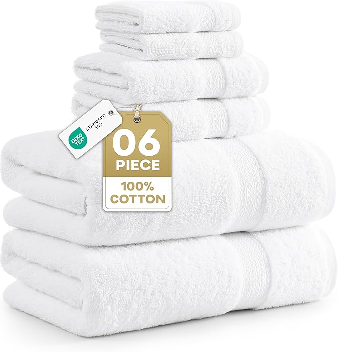 LANE LINEN 100% Cotton Bath Towel Set - 6 Pieces - Super Soft, Highly Absorbent & Quick Dry - 2 Bath, 2 Washcloths, 2 Hand Towels for Bathroom - Hotel Quality, Ideal for Spa, Gym & Travel - White