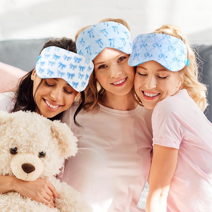 Cuffbow 6 Pack Plush Sleep Mask Set, Cute Plush Eye Masks for Sleeping, Soft Comfortable Travel Nap Blindfold, Sleepover Party Favors for Women(Bow,Blue)