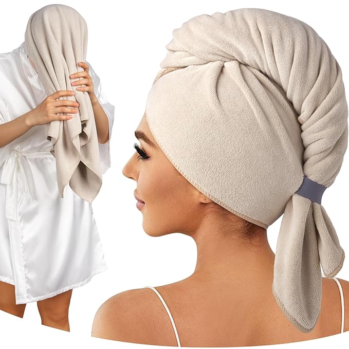 Umisleep 100% Microfiber Hair Towel, 41" x 22" Super Absorbent Towel Wrap with Elastic Loop, Large Curly Hair Towel for Women Long, Thick Hair, Camel
