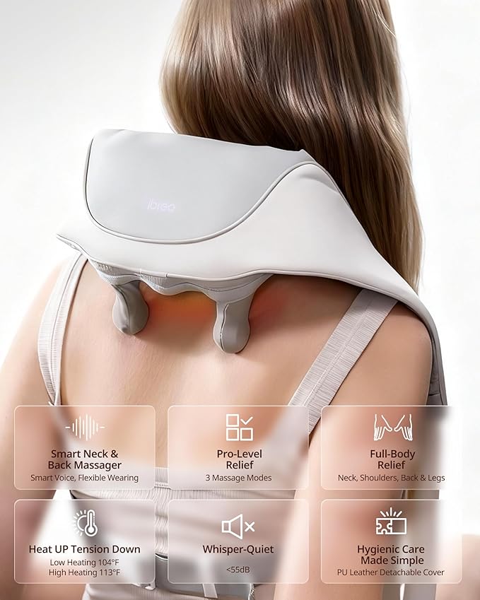 Cordless Shiatsu Neck and Back Massager with Heat, 10 Mins x 12 Use, 3 Massage Modes & 2 Intensity Levels, Mother’s Day Gift for Mom, 3D Kneading Deep Tissue, Voice Prompt for Pain Relief &Relaxation