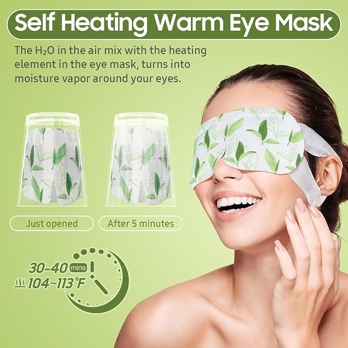 BeHoomi 30Packs Steam Eye Mask, Heated Eye Mask Warm Compress for Eyes, Self Heating Disposable Steam Mask for Home Sleep, Spa, Travel Essentials & Relaxation Gifts, Mothers Day Gifts (Green Tea)