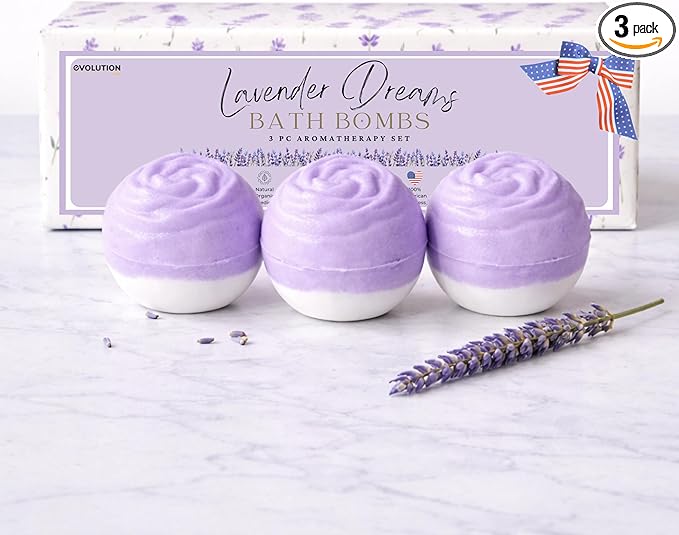 EvolutionUSA 3 Lavender Dreams Bath Bombs for Women – Organic Flower Bath Bombs, Soft Lavender Bath Fizzers, Womens Bath Gift Valentines or Easter, Lush Bath for Girls, Mothers Day Bathbombs