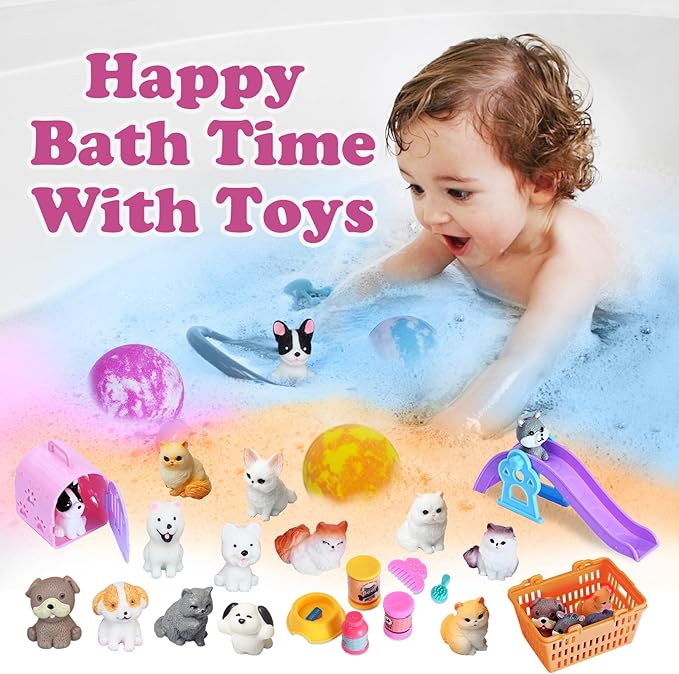 Kids Bath Bombs with Surprise Inside, Dog & Cat Toys Pretend Playset, Bubble BathBombs Fizzies 12 Pack Gift Set for Boys Grils, Birthdays Halloween Christmas Gift for Boys Girls