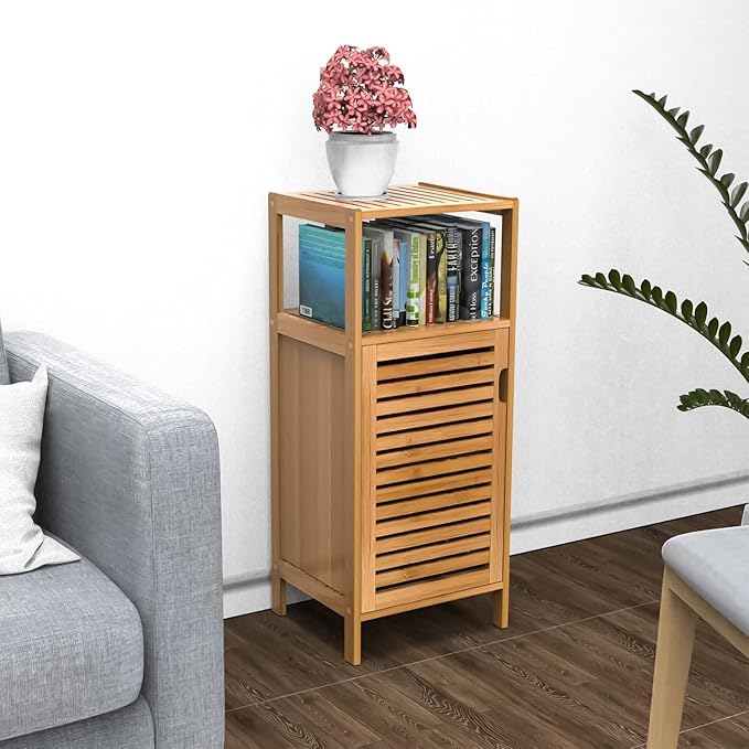 Bathroom Bamboo Storage Cabinet, Freestanding Floor Cabinet with Door and Shelf for Bathroom, Living Room, Bedroom, Hallway, Kitchen