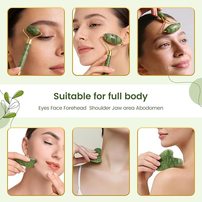 MANLENO Jade Roller & Gua Sha Set - Natural Jade Face Roller Facial Massage Skincare Tools for Women,Reduce Puffiness and Fine Lines (Forest Green)