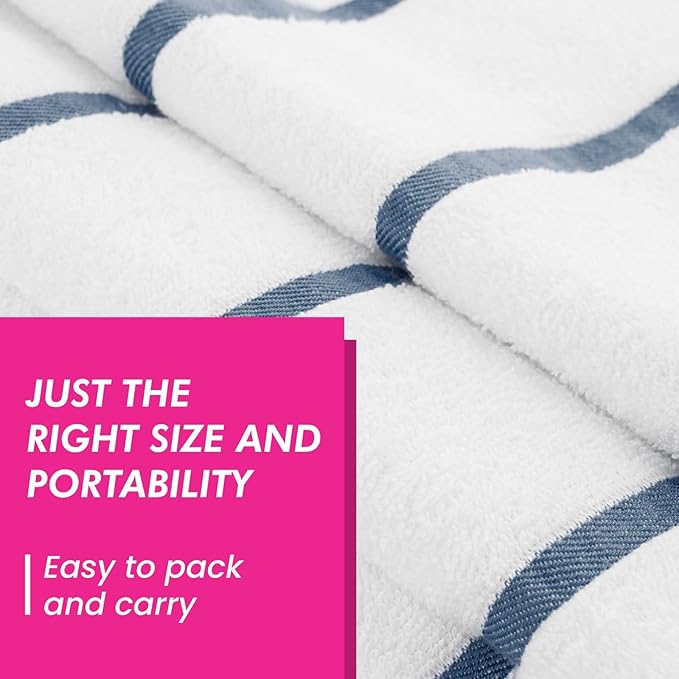 CASA COPENHAGEN Cabana Pool 4Pcs 100% Egyptian Cotton Large Designer Beach Towels Gift Set- White Navy, 500GSM, 55"x27", 4 Beach Bath Towels (Box Pack, Set for Women & Men)