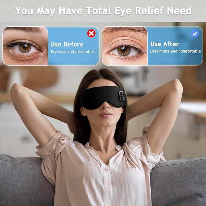 Cordless Heated Eye Mask, Rechargeable Sleep Mask with 4 Heat Levels, Timer, Light Blocking Design, Washable Cover, Soft Eye Mask for Daily Relaxation