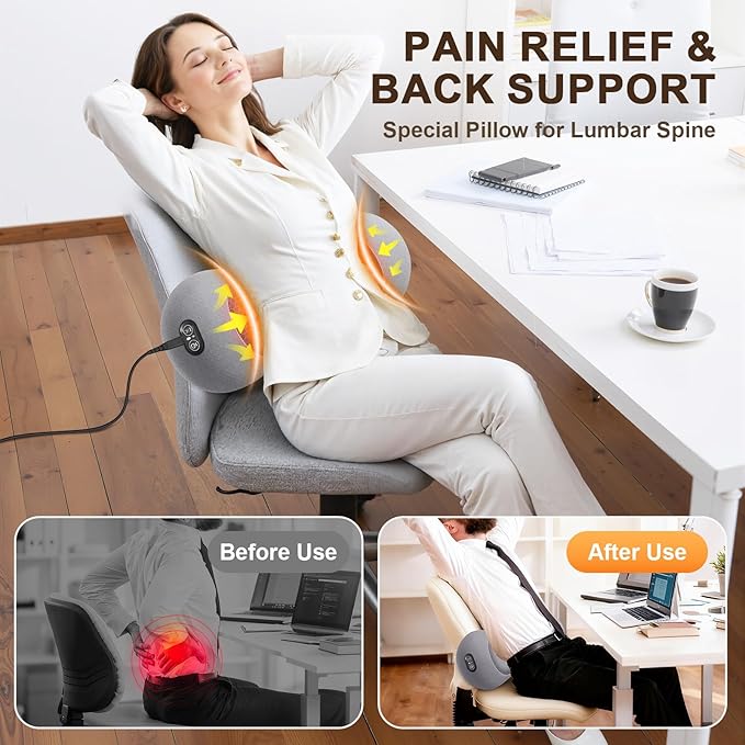 3-in-1 Electric Lumbar Support Pillow,Triple Fusion Back Massager with Heat,Vibration&Traction,Back Support Pillow for Bed&Chair,Lumbar Support Pillow for Lower Back Pain Relief&Spine Support-SoftGray