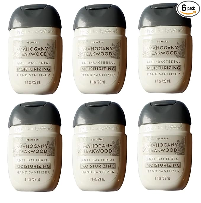 Bath and Body Works Classic and Seasonal Scents Pocketbac Gel Sanitizers - Pack of 6-1 oz each (Mahogany Teakwood Moisturizing)