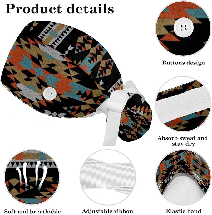Ethnic Aztec Pattern Adjustable Scrub Cap Hat with Button, Working Hat Sweatband with Bow Hair Scrunchy for Woman