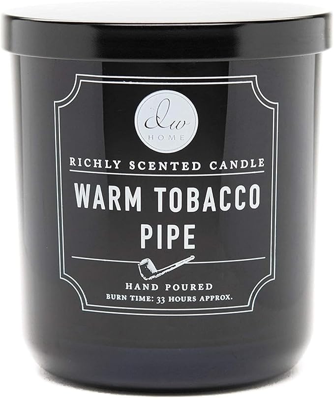 DW Home Warm Tobacco Pipe Scented Candles, 9 oz Single Wick Medium Jar, Up to 33 Hour Burn Time, Hand-Poured, Strong Long Lasting Woodsy Fragrance, Gifts for Men & Women