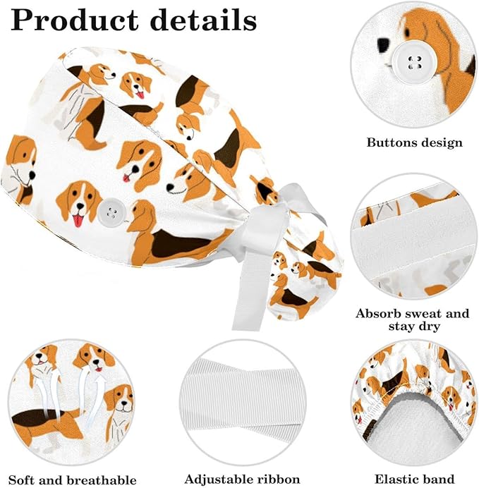 Adjustable Brown Dachshund Dog Blue Surgical Scrub Cap with Button,Sweatband for Women with Bow Hair Scrunchy