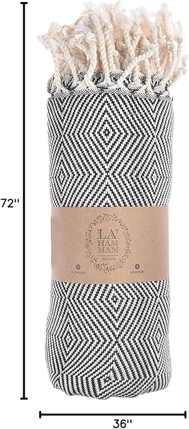 Personalized embroidered Beach Towel | Throw Blanket, Easy Carry, Sand Free, Highly Absorbent, Quick Dry, Turkish Towels for Camping Bath Sauna Beach Gym Pool Yoga SPA by Lahammam, Mediterranean Black