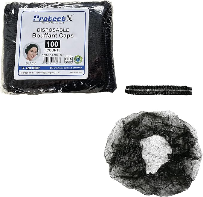 ProtectX 100-Pack Black Disposable Hair Nets, Elastic Head Cover, Bouffant Caps, Sanitation Head Cover for Food Service, Spa Men & Women - 21 inch