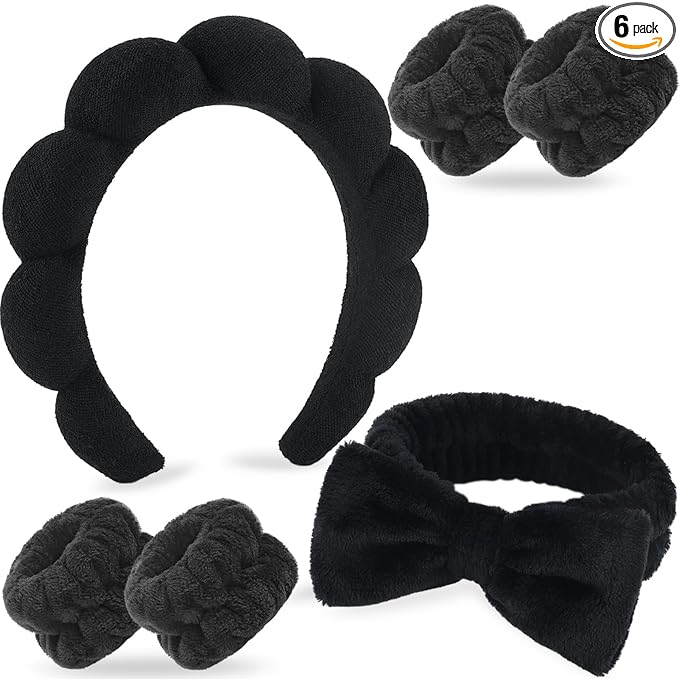 Zkptops 6Pcs Spa Headband for Washing Face Wristbands Set Women Bubble Makeup Sponge Terry Cloth Padded Puffy Skincare Headband Bow Tie Hairband Cute Non Slip Thick Hair Accessory Gifts(Black)