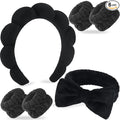 Zkptops 6Pcs Spa Headband for Washing Face Wristbands Set Women Bubble Makeup Sponge Terry Cloth Padded Puffy Skincare Headband Bow Tie Hairband Cute Non Slip Thick Hair Accessory Gifts(Black)
