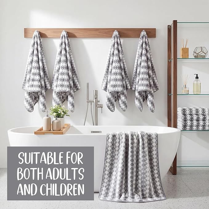 SmoothNovelty 16 Pack Microfiber Bath Towels Bulk 27'' x 60'' Oversized Size Bath Towel Highly Absorbent Extra Large Soft Drying for Beach Shower Summer Salon Sport Gym Party (Grid,Grey)