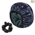 Navy Astral Print Satin Shower Cap, Three-Layer Terry Cloth Lined, with Silk Hair Ties, Microfiber Waterproof Reusable Large Size Shower Cap for Women Long Thick Hair