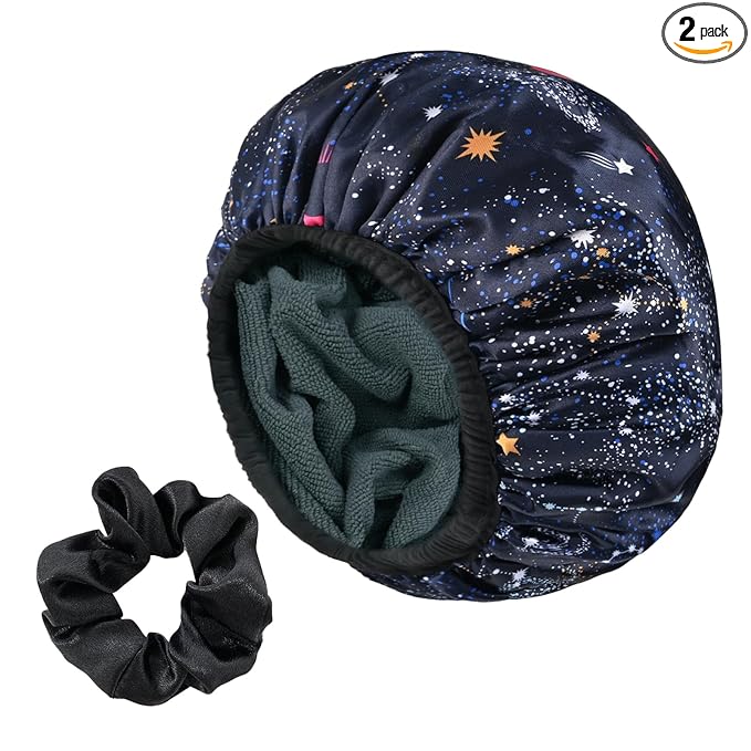 Navy Astral Print Satin Shower Cap, Three-Layer Terry Cloth Lined, with Silk Hair Ties, Microfiber Waterproof Reusable Large Size Shower Cap for Women Long Thick Hair