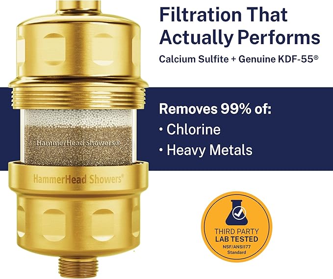 HammerHead Showers® Solid Metal Shower Head Filter – KDF 55 Shower Filter, High Pressure Universal Shower Filters to Remove Toxic Chemicals – Removes Chlorine and Heavy Metals – Brushed Gold