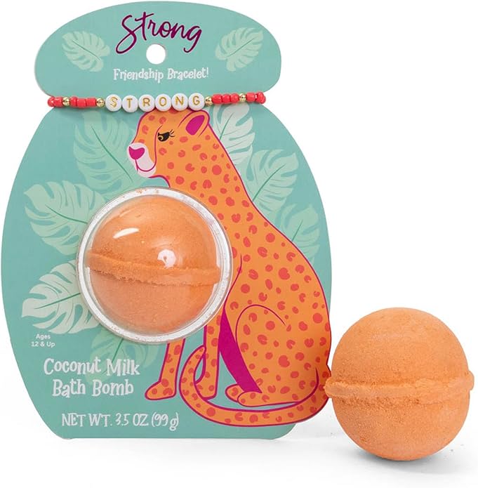 CAIT + CO "Strong Bath Bomb & Friendship Bracelet Gift Set Coconut Milk Scented Orange Bath Fizzle (3.5 oz) with Beaded STRONG Bracelet - Empowering & Relaxing Gift for Teens, Women