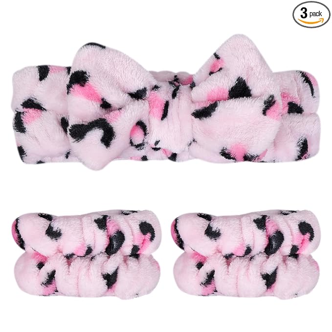 Pink Leopard Print Plush Wash Face Headband Bowknot Cheetah Spa Hair Band Wrist Cuffs Women Girls Facial Makeup Skincare Bath Head Wrap Lady Costume Party Supply Xmas Gift