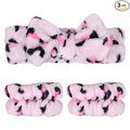 Pink Leopard Print Plush Wash Face Headband Bowknot Cheetah Spa Hair Band Wrist Cuffs Women Girls Facial Makeup Skincare Bath Head Wrap Lady Costume Party Supply Xmas Gift