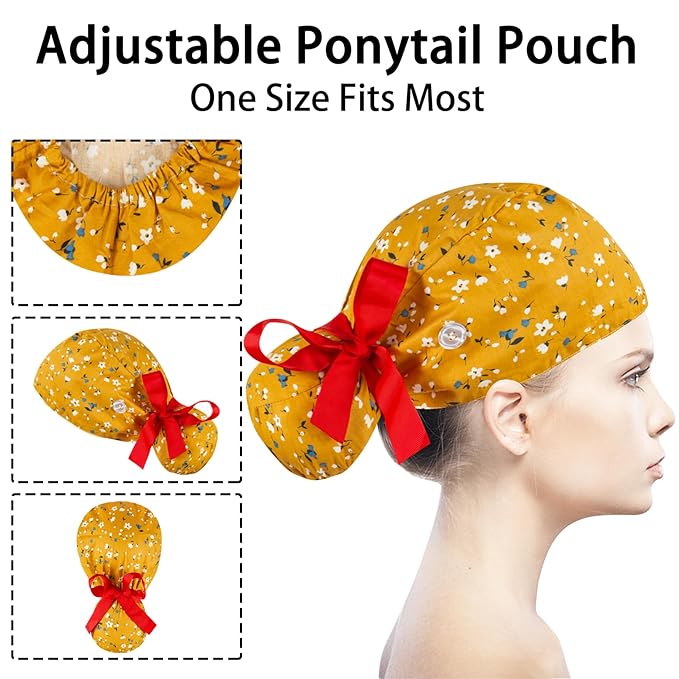 Scrub Caps Women Bouffant Scrub Caps, Adjustable Working Cap Ponytail Pouch Tie Back