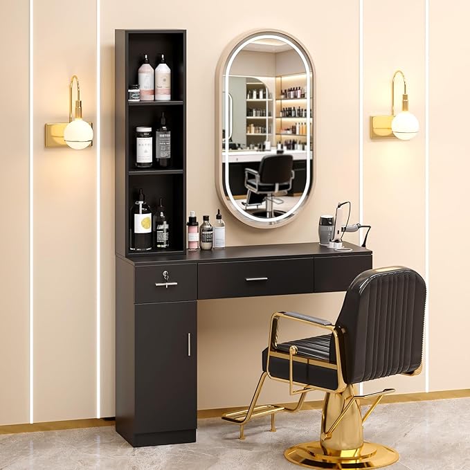 OmySalon Wall Mount Barber Stations, Salon Stations for Hair Stylist, Hair Styling Equipement Set with a Storage Cabinet, 2 Drawers and a 3 Tier Shelf (Black)