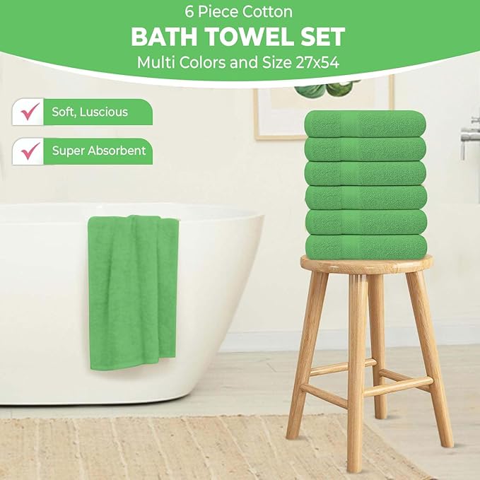 KAHAF COLLECTION 6 Pack Bath Towels Set (27 x 54 Inches) 100% Ring Spun Cotton, Lightweight, Quick Dry, Highly Absorbent Towels (Light Green, (27x54) Inches)